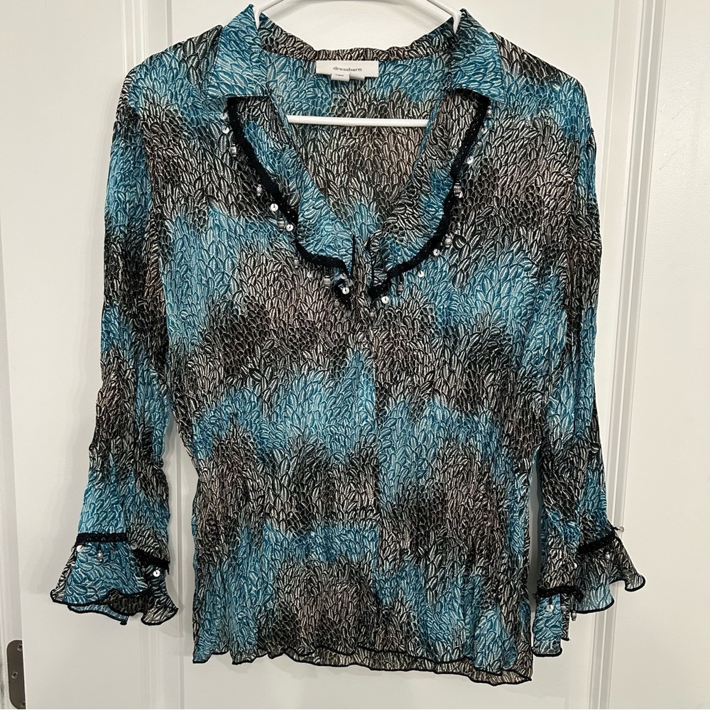 Y2K Sheer Button-Up Blouse With Sequin and Bead Details